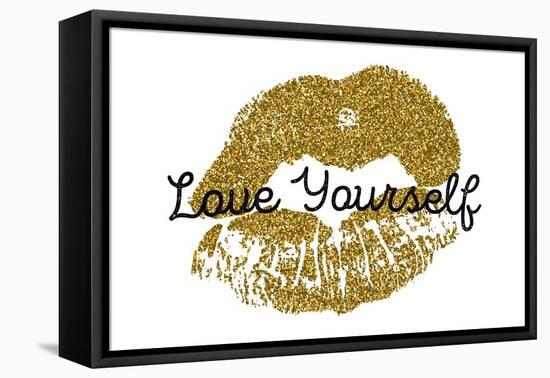Poster with Gold Glitter Lips Prints on White Background.-Olga Rom-Framed Stretched Canvas