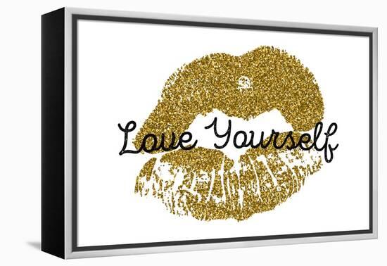 Poster with Gold Glitter Lips Prints on White Background.-Olga Rom-Framed Stretched Canvas