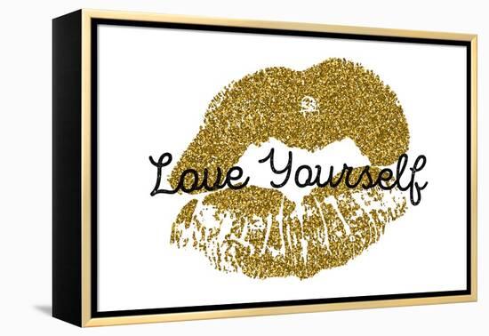 Poster with Gold Glitter Lips Prints on White Background.-Olga Rom-Framed Stretched Canvas