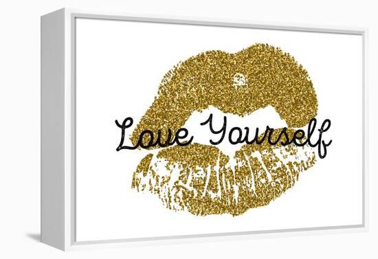 Poster with Gold Glitter Lips Prints on White Background.-Olga Rom-Framed Stretched Canvas