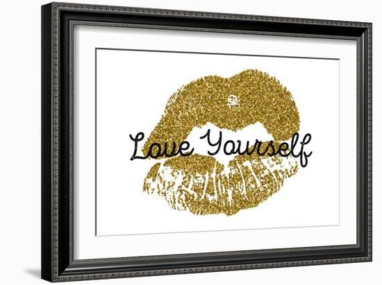 Poster with Gold Glitter Lips Prints on White Background.-Olga Rom-Framed Premium Giclee Print