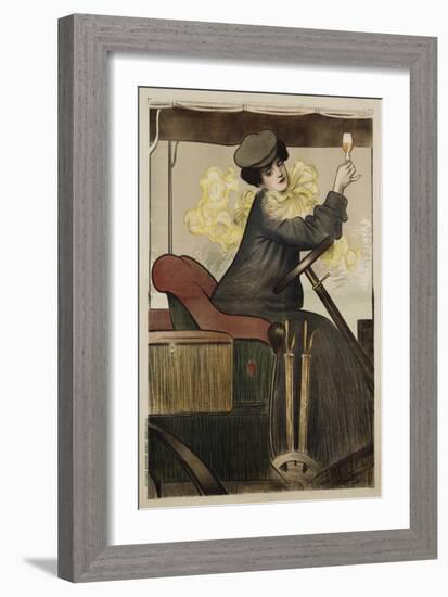 Poster with Woman in Vintage Automobile Holding Up Sherry Glass-Ramon Casas Carbo-Framed Giclee Print