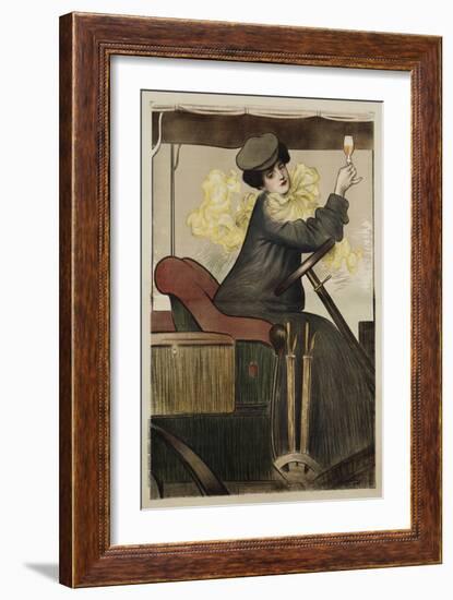 Poster with Woman in Vintage Automobile Holding Up Sherry Glass-Ramon Casas Carbo-Framed Giclee Print