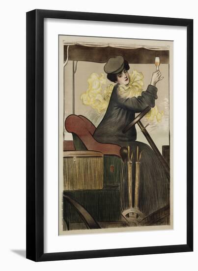 Poster with Woman in Vintage Automobile Holding Up Sherry Glass-Ramon Casas Carbo-Framed Giclee Print