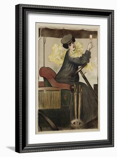 Poster with Woman in Vintage Automobile Holding Up Sherry Glass-Ramon Casas Carbo-Framed Giclee Print