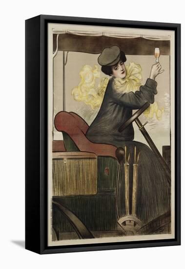 Poster with Woman in Vintage Automobile Holding Up Sherry Glass-Ramon Casas Carbo-Framed Premier Image Canvas