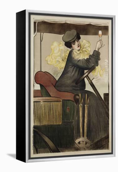 Poster with Woman in Vintage Automobile Holding Up Sherry Glass-Ramon Casas Carbo-Framed Premier Image Canvas