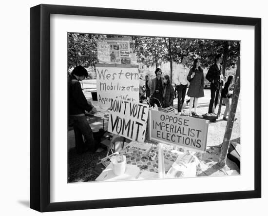 Posters and Anti-Voting Literature on Outdoor Table During a Yippie Led Anti-Election Protest-Ralph Crane-Framed Photographic Print