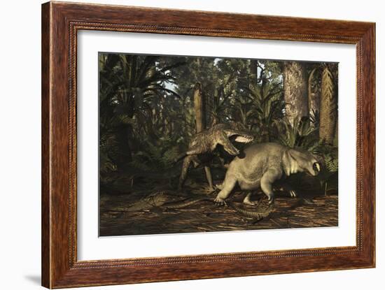 Postosuchus Attacking a Dicynodont in a Triassic Forest-Stocktrek Images-Framed Premium Giclee Print