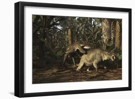 Postosuchus Attacking a Dicynodont in a Triassic Forest-Stocktrek Images-Framed Premium Giclee Print