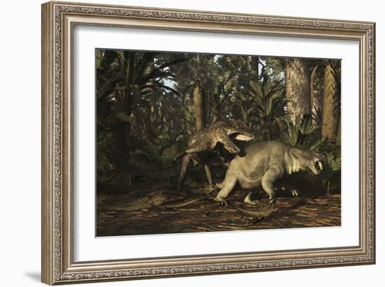 Postosuchus Attacking a Dicynodont in a Triassic Forest-Stocktrek Images-Framed Art Print