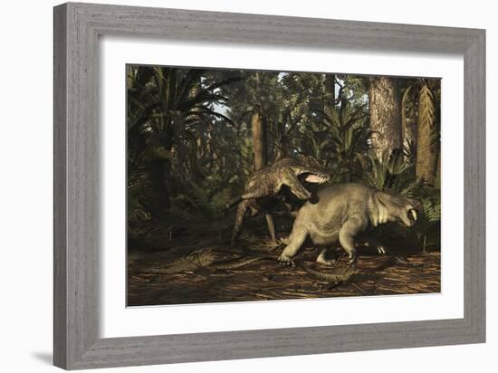 Postosuchus Attacking a Dicynodont in a Triassic Forest-Stocktrek Images-Framed Art Print