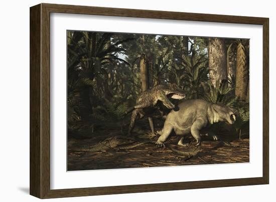 Postosuchus Attacking a Dicynodont in a Triassic Forest-Stocktrek Images-Framed Art Print