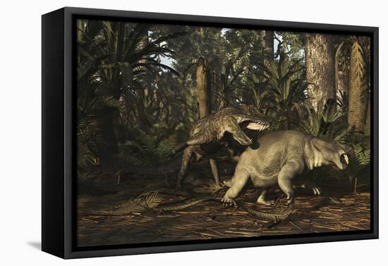 Postosuchus Attacking a Dicynodont in a Triassic Forest-Stocktrek Images-Framed Stretched Canvas