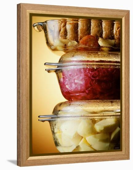 Potatoes, Red Cabbage & Meat in Glass Pots-Wolfgang Usbeck-Framed Premier Image Canvas