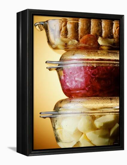 Potatoes, Red Cabbage & Meat in Glass Pots-Wolfgang Usbeck-Framed Premier Image Canvas