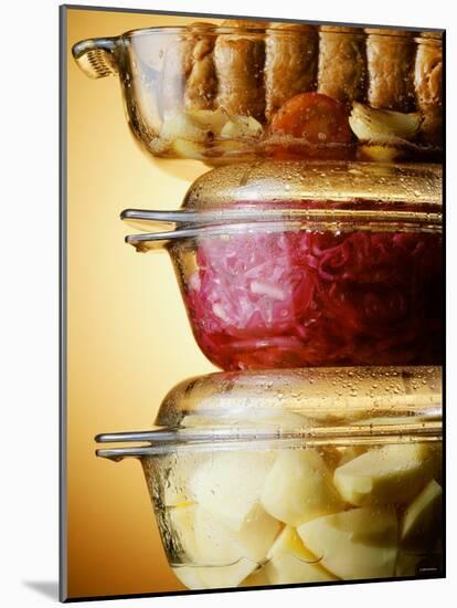 Potatoes, Red Cabbage & Meat in Glass Pots-Wolfgang Usbeck-Mounted Photographic Print