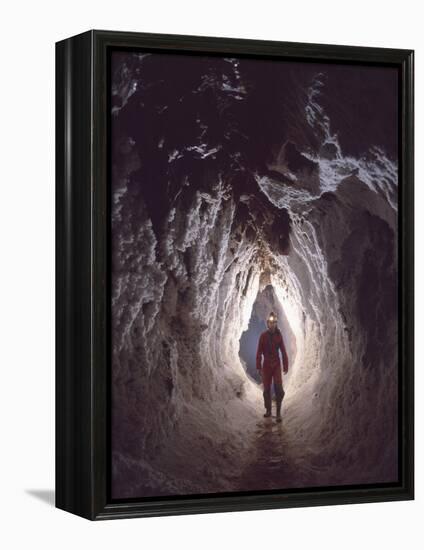 Potholer Wallking Along Narrow Underground Passage, Cova Lachambre, Ria, Conflent, Pyrenees, France-Inaki Relanzon-Framed Premier Image Canvas