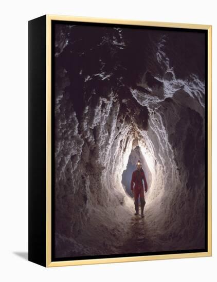 Potholer Wallking Along Narrow Underground Passage, Cova Lachambre, Ria, Conflent, Pyrenees, France-Inaki Relanzon-Framed Premier Image Canvas