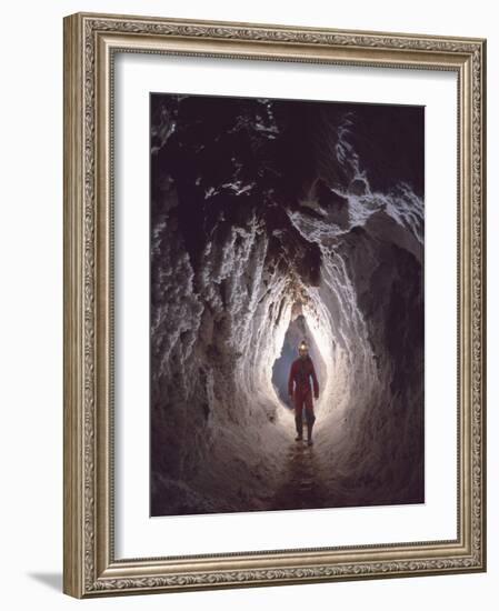 Potholer Wallking Along Narrow Underground Passage, Cova Lachambre, Ria, Conflent, Pyrenees, France-Inaki Relanzon-Framed Photographic Print