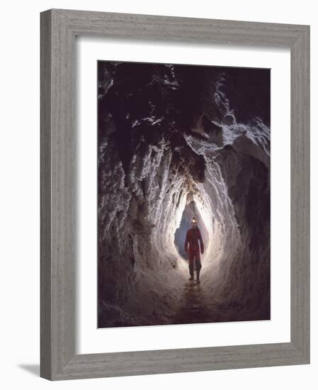 Potholer Wallking Along Narrow Underground Passage, Cova Lachambre, Ria, Conflent, Pyrenees, France-Inaki Relanzon-Framed Photographic Print