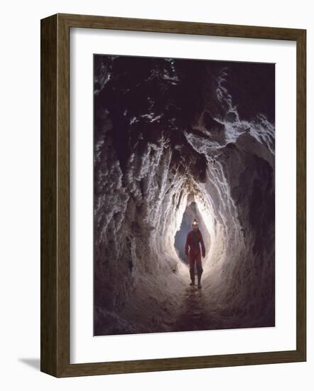 Potholer Wallking Along Narrow Underground Passage, Cova Lachambre, Ria, Conflent, Pyrenees, France-Inaki Relanzon-Framed Photographic Print