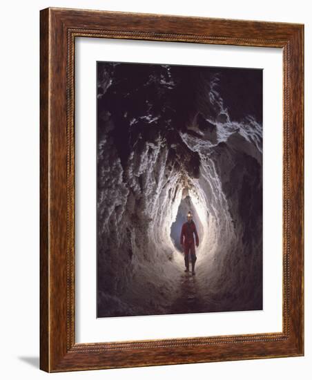 Potholer Wallking Along Narrow Underground Passage, Cova Lachambre, Ria, Conflent, Pyrenees, France-Inaki Relanzon-Framed Photographic Print