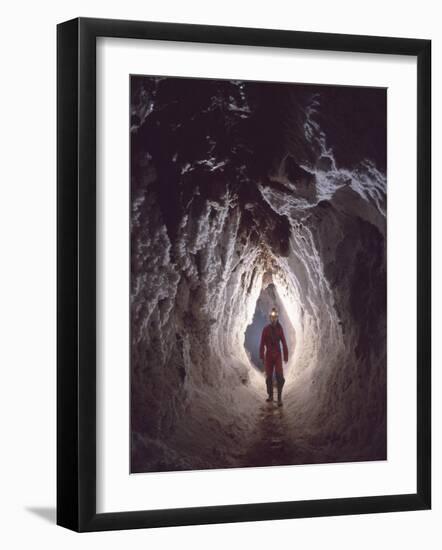 Potholer Wallking Along Narrow Underground Passage, Cova Lachambre, Ria, Conflent, Pyrenees, France-Inaki Relanzon-Framed Photographic Print