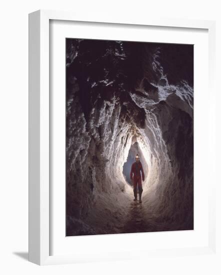 Potholer Wallking Along Narrow Underground Passage, Cova Lachambre, Ria, Conflent, Pyrenees, France-Inaki Relanzon-Framed Photographic Print