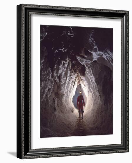 Potholer Wallking Along Narrow Underground Passage, Cova Lachambre, Ria, Conflent, Pyrenees, France-Inaki Relanzon-Framed Photographic Print