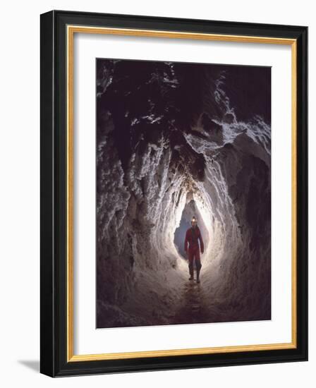 Potholer Wallking Along Narrow Underground Passage, Cova Lachambre, Ria, Conflent, Pyrenees, France-Inaki Relanzon-Framed Photographic Print