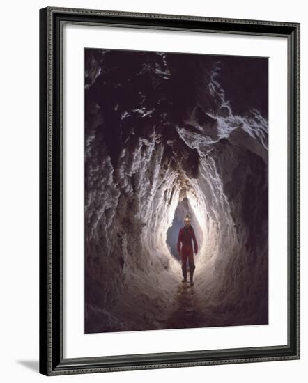 Potholer Wallking Along Narrow Underground Passage, Cova Lachambre, Ria, Conflent, Pyrenees, France-Inaki Relanzon-Framed Photographic Print