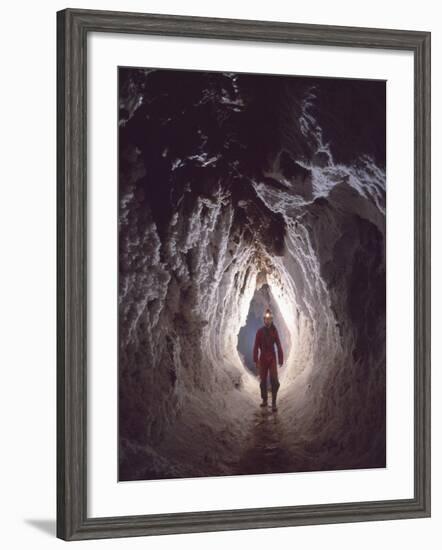 Potholer Wallking Along Narrow Underground Passage, Cova Lachambre, Ria, Conflent, Pyrenees, France-Inaki Relanzon-Framed Photographic Print