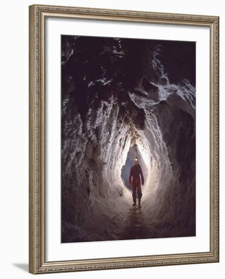 Potholer Wallking Along Narrow Underground Passage, Cova Lachambre, Ria, Conflent, Pyrenees, France-Inaki Relanzon-Framed Photographic Print