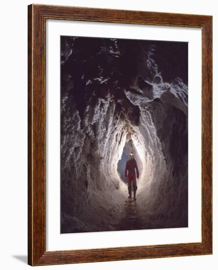 Potholer Wallking Along Narrow Underground Passage, Cova Lachambre, Ria, Conflent, Pyrenees, France-Inaki Relanzon-Framed Photographic Print