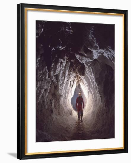 Potholer Wallking Along Narrow Underground Passage, Cova Lachambre, Ria, Conflent, Pyrenees, France-Inaki Relanzon-Framed Photographic Print