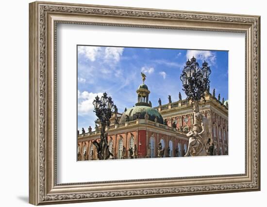 Potsdam, Brandenburg, Germany. The New Palace in the Sans Souci Park, carriage way passes statues a-Miva Stock-Framed Photographic Print