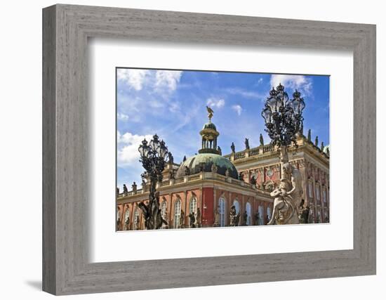 Potsdam, Brandenburg, Germany. The New Palace in the Sans Souci Park, carriage way passes statues a-Miva Stock-Framed Photographic Print