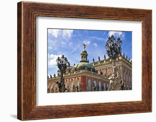 Potsdam, Brandenburg, Germany. The New Palace in the Sans Souci Park, carriage way passes statues a-Miva Stock-Framed Photographic Print