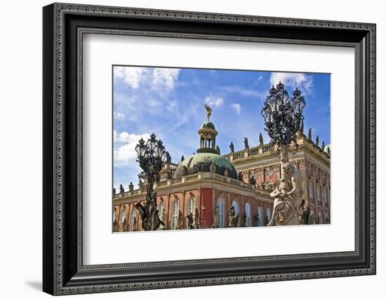 Potsdam, Brandenburg, Germany. The New Palace in the Sans Souci Park, carriage way passes statues a-Miva Stock-Framed Photographic Print