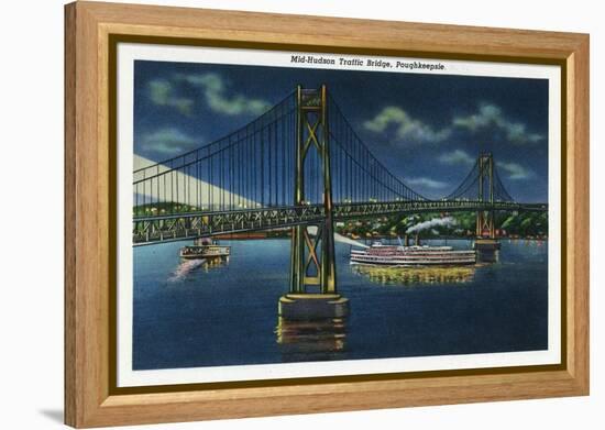 Poughkeepsie, New York - Night View of Mid-Hudson Traffic Bridge-Lantern Press-Framed Stretched Canvas