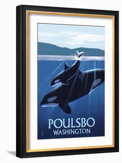 Poulsbo, Washington - Orca and Calf-Lantern Press-Framed Art Print