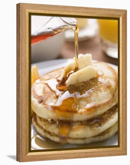 Pouring Maple Syrup over Pancakes with Dab of Butter-null-Framed Premier Image Canvas