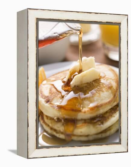 Pouring Maple Syrup over Pancakes with Dab of Butter-null-Framed Premier Image Canvas