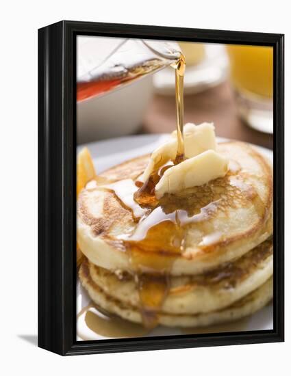 Pouring Maple Syrup over Pancakes with Dab of Butter-null-Framed Premier Image Canvas