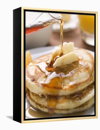 Pouring Maple Syrup over Pancakes with Dab of Butter-null-Framed Premier Image Canvas