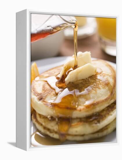 Pouring Maple Syrup over Pancakes with Dab of Butter-null-Framed Premier Image Canvas