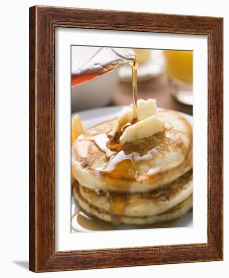 Pouring Maple Syrup over Pancakes with Dab of Butter-null-Framed Photographic Print