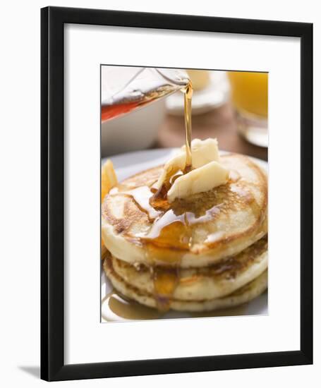 Pouring Maple Syrup over Pancakes with Dab of Butter-null-Framed Photographic Print