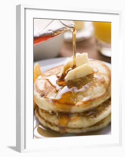 Pouring Maple Syrup over Pancakes with Dab of Butter-null-Framed Photographic Print